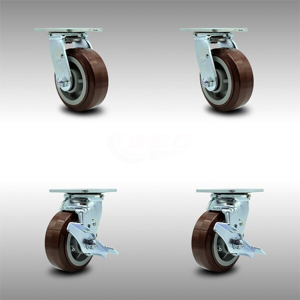 5 Inch Stainless Steel Polyurethane Swivel Caster Set with Roll Bearing 2 Brakes